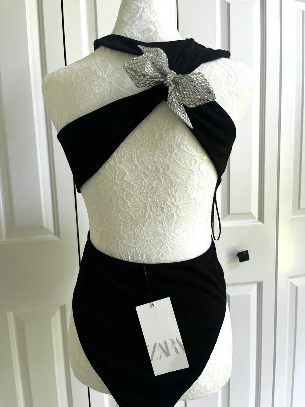 Zara NWT Black Open Back Bodysuit with Rhinestone Bow